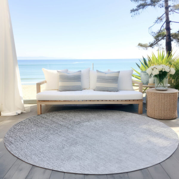 8' Gray And Silver Round Abstract Washable Indoor Outdoor Area Rug