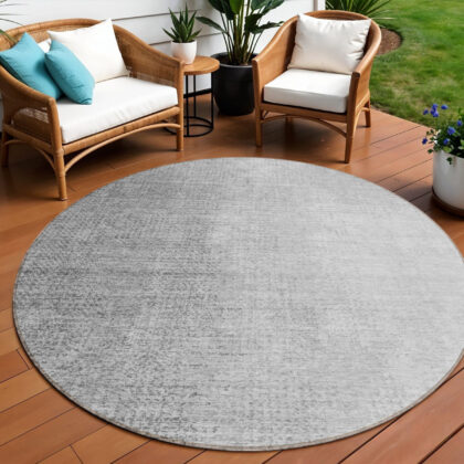 8' Gray And Silver Round Abstract Washable Indoor Outdoor Area Rug