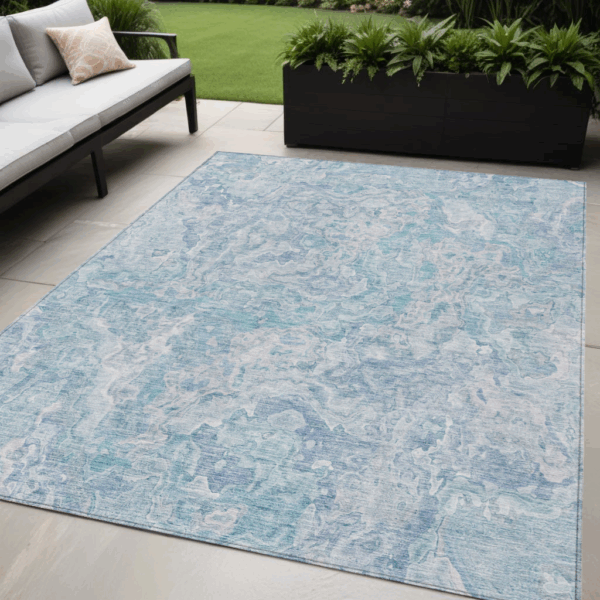 5' X 8' Sky Blue And Denim Blue Abstract Washable Indoor Outdoor Area Rug