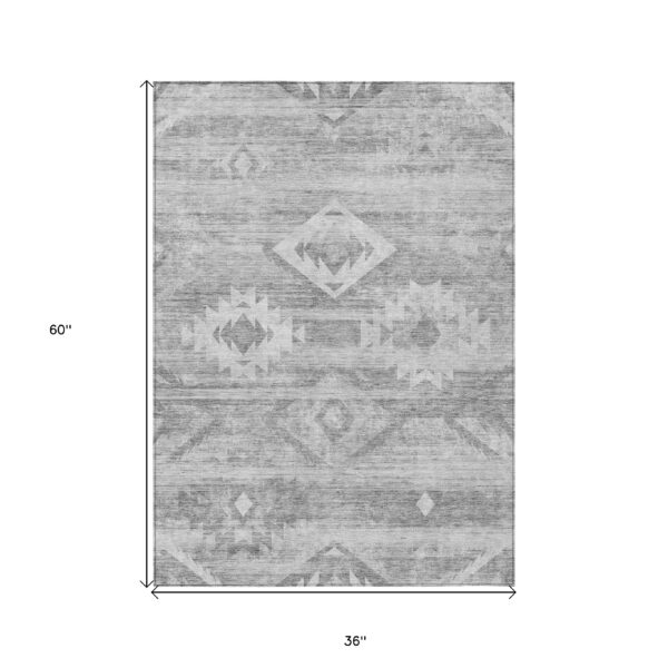 3' X 5' Silver Gray And Charcoal Southwestern Washable Indoor Outdoor Area Rug