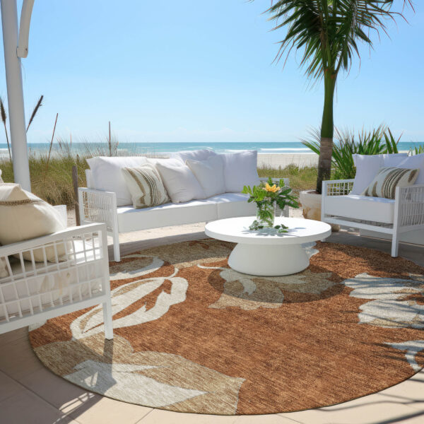 8' Terra Cotta And Beige Round Floral Washable Indoor Outdoor Area Rug