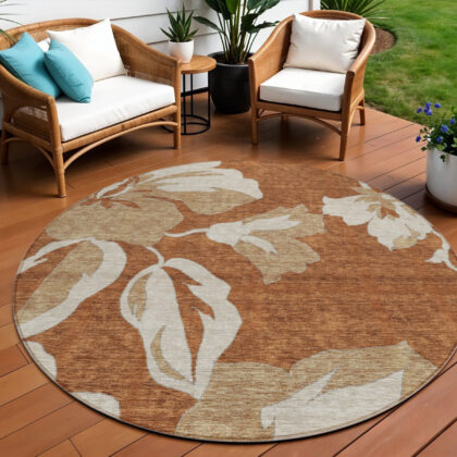 8' Terra Cotta And Beige Round Floral Washable Indoor Outdoor Area Rug