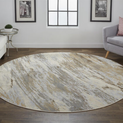 8' Ivory Tan And Brown Round Abstract Area Rug