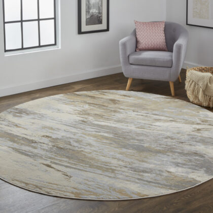 8' Ivory Tan And Brown Round Abstract Area Rug