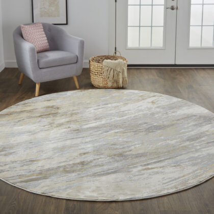 8' Ivory Tan And Brown Round Abstract Area Rug
