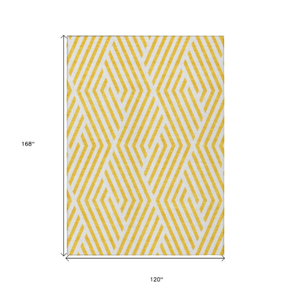 10' X 14' Gold and White Geometric Washable Non Skid Indoor Outdoor Area Rug