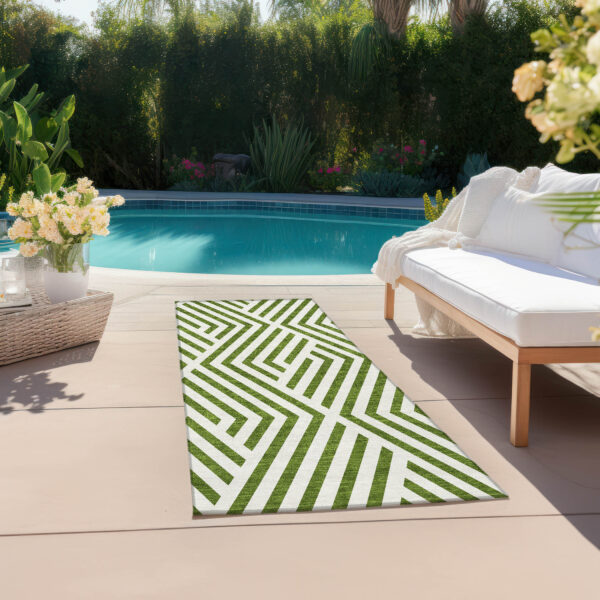 8' Runner Lime Green and White Geometric Washable Non Skid Indoor Outdoor Runner Rug