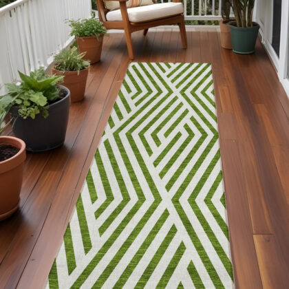8' Runner Lime Green and White Geometric Washable Non Skid Indoor Outdoor Runner Rug