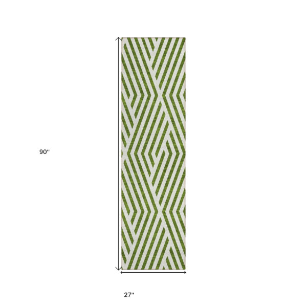 8' Runner Lime Green and White Geometric Washable Non Skid Indoor Outdoor Runner Rug