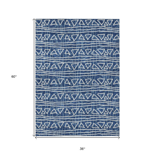 3' X 5' Navy Blue And Ivory Geometric Washable Indoor Outdoor Area Rug