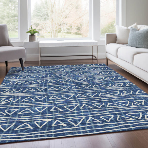 3' X 5' Navy Blue And Ivory Geometric Washable Indoor Outdoor Area Rug