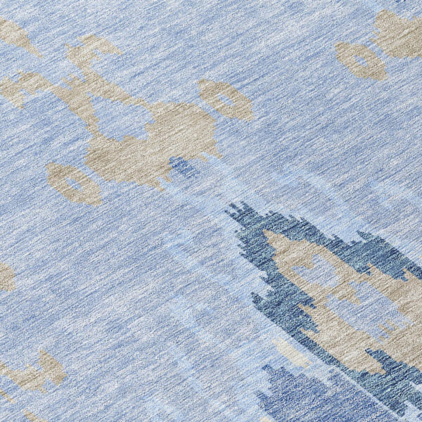 8' Sky Blue Denim Blue And Ivory Round Ikat Washable Indoor Outdoor Area Rug