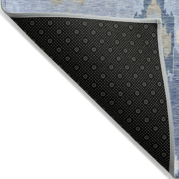 8' Sky Blue Denim Blue And Ivory Round Ikat Washable Indoor Outdoor Area Rug