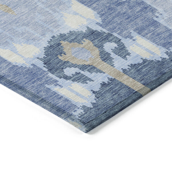 8' Sky Blue Denim Blue And Ivory Round Ikat Washable Indoor Outdoor Area Rug
