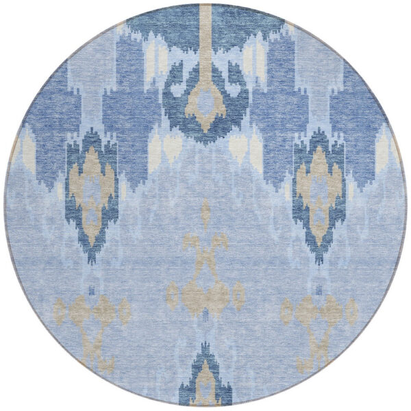 8' Sky Blue Denim Blue And Ivory Round Ikat Washable Indoor Outdoor Area Rug