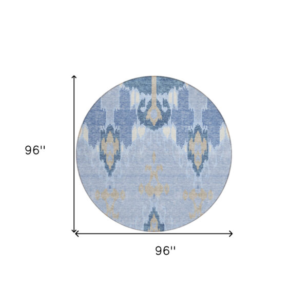 8' Sky Blue Denim Blue And Ivory Round Ikat Washable Indoor Outdoor Area Rug