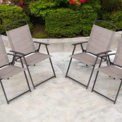 Set of Four 35" Brown Steel Sling Outdoor Folding Arm Chairs