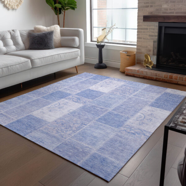 8' X 10' Sky Blue And Denim Blue Patchwork Washable Indoor Outdoor Area Rug