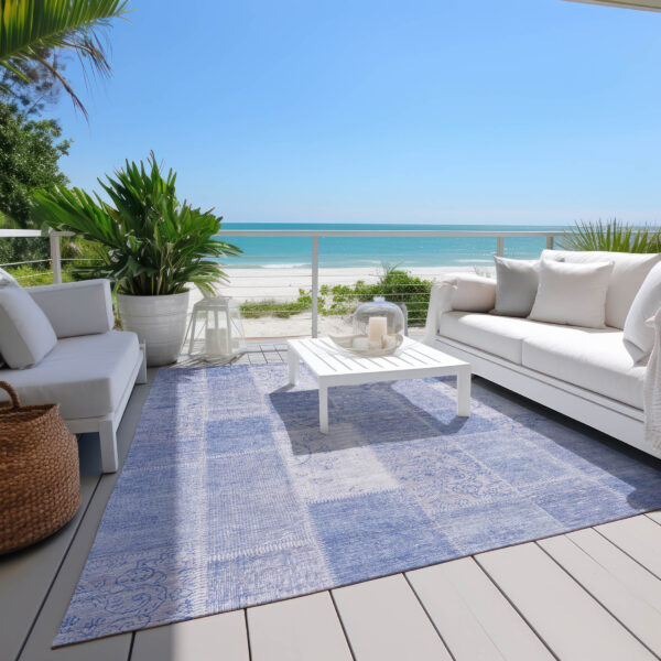8' X 10' Sky Blue And Denim Blue Patchwork Washable Indoor Outdoor Area Rug