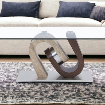 47" Clear And Oak Glass Coffee Table