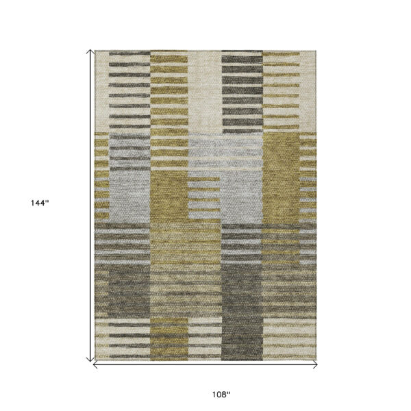 9' X 12' Brown Gold And Taupe Striped Washable Indoor Outdoor Area Rug