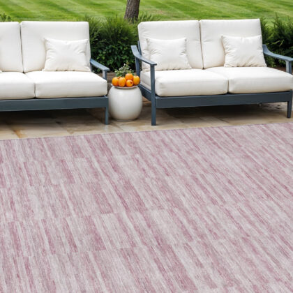9' X 12' Blush Pink And Beige Striped Washable Indoor Outdoor Area Rug
