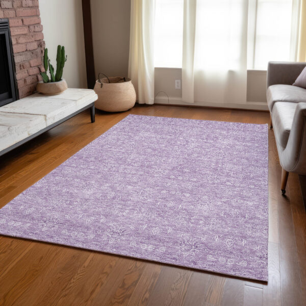 9' X 12' Lavender Lilac And Ivory Floral Washable Indoor Outdoor Area Rug