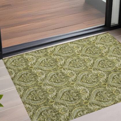 2' X 3' Green Damask Washable Non Skid Indoor Outdoor Area Rug