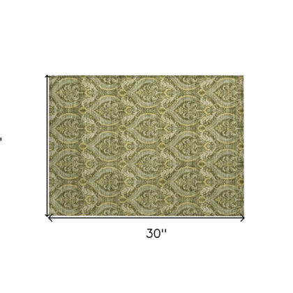 2' X 3' Green Damask Washable Non Skid Indoor Outdoor Area Rug