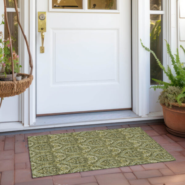 2' X 3' Green Damask Washable Non Skid Indoor Outdoor Area Rug