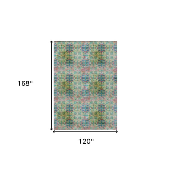 10' X 14' Blue and Green Floral Medallion Washable Non Skid Indoor Outdoor Area Rug