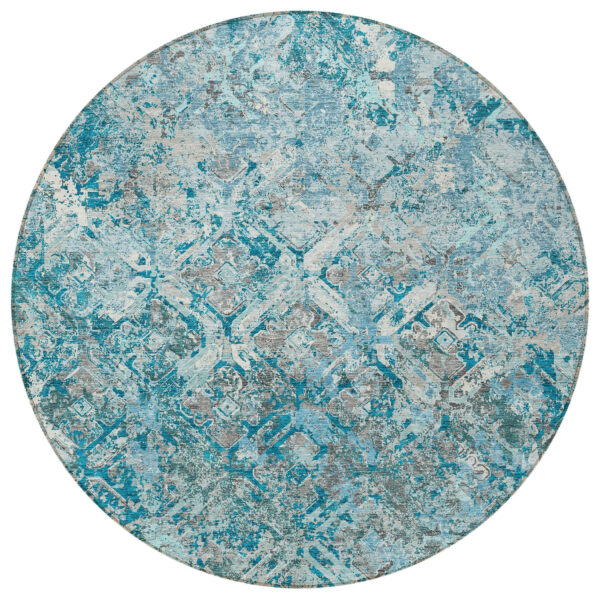8' Teal Blue Gray And Charcoal Round Geometric Washable Indoor Outdoor Area Rug
