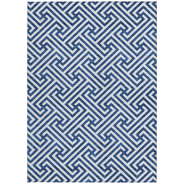9' X 12' Blue And Ivory Geometric Washable Indoor Outdoor Area Rug