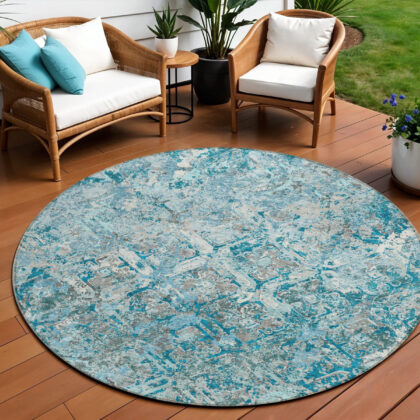8' Teal Blue Gray And Charcoal Round Geometric Washable Indoor Outdoor Area Rug