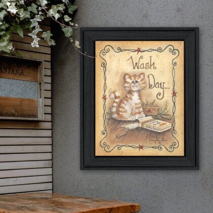 Wash Day Kitty Cat 2 Black Framed Print Wall Art