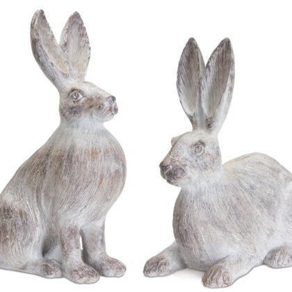 Set of Two 17" White Washed Polyresin Rabbit Figurine Tabletop Sculpture