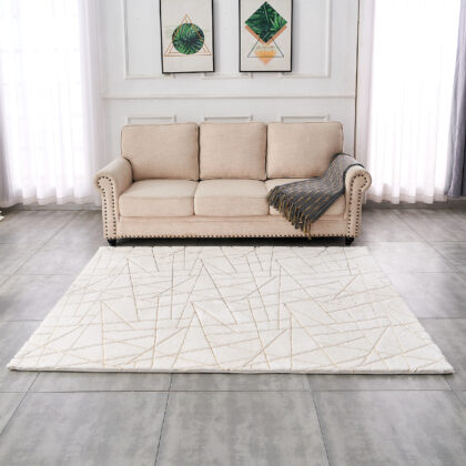 4' x 6' White and Gold Faux Fur Abstract Shag Non Skid Area Rug