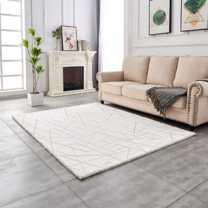 4' x 6' White and Gold Faux Fur Abstract Shag Non Skid Area Rug