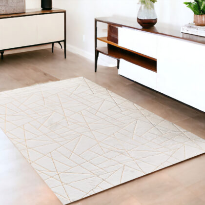 4' x 6' White and Gold Faux Fur Abstract Shag Non Skid Area Rug