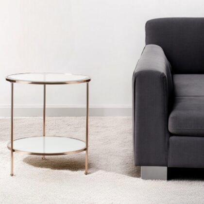 26" Gold Glass And Iron Round End Table With Shelf