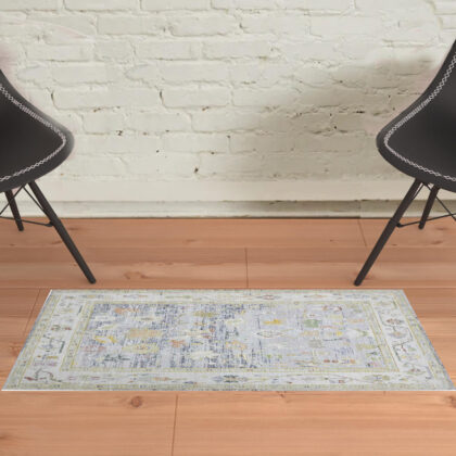 2' x 3' Blue and Ivory Oriental Power Loom Distressed Area Rug