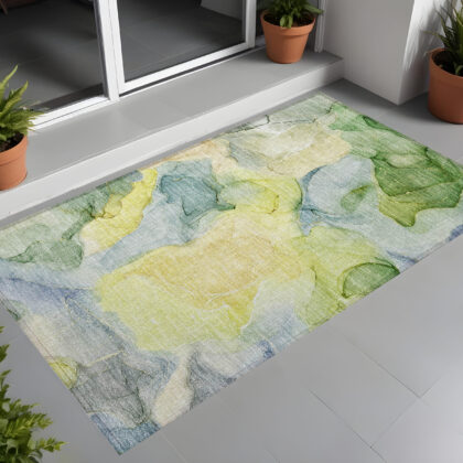 3' X 5' Yellow Abstract Washable Non Skid Indoor Outdoor Area Rug