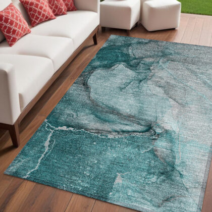5' X 8' Teal Abstract Washable Non Skid Indoor Outdoor Area Rug