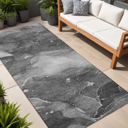 8' Runner Gray Abstract Washable Non Skid Indoor Outdoor Runner Rug