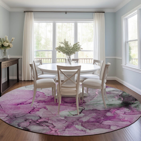 8' Round Gray and Purple Round Abstract Washable Non Skid Indoor Outdoor Area Rug
