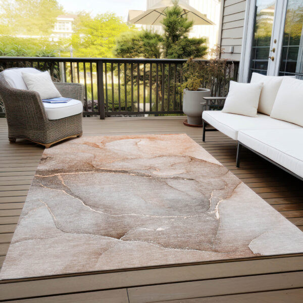 9' X 12' Taupe Abstract Washable Non Skid Indoor Outdoor Area Rug