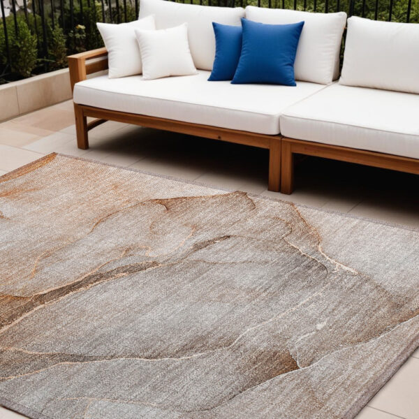 9' X 12' Taupe Abstract Washable Non Skid Indoor Outdoor Area Rug