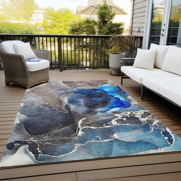8' X 10' Blue Abstract Washable Non Skid Indoor Outdoor Area Rug