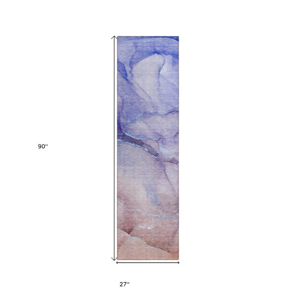 2' X 8' Blue and Purple Abstract Washable Non Skid Indoor Outdoor Runner Rug