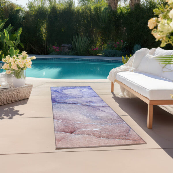 2' X 8' Blue and Purple Abstract Washable Non Skid Indoor Outdoor Runner Rug